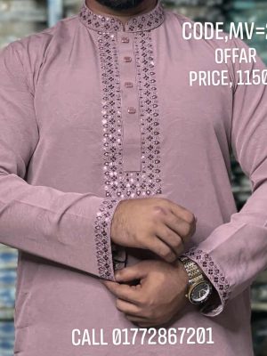 ( Code: MV-201 ) - প্রিমিয়াম সিকোয়েন্স এমব্রয়ডারি করা ভাঁজমুক্ত পাঞ্জাবি