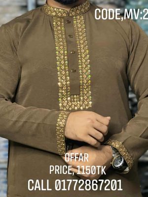 ( Code: MV-202 ) - প্রিমিয়াম সিকোয়েন্স এমব্রয়ডারি করা ভাঁজমুক্ত পাঞ্জাবি