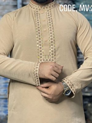 ( Code: MV-203 ) - প্রিমিয়াম সিকোয়েন্স এমব্রয়ডারি করা ভাঁজমুক্ত পাঞ্জাবি
