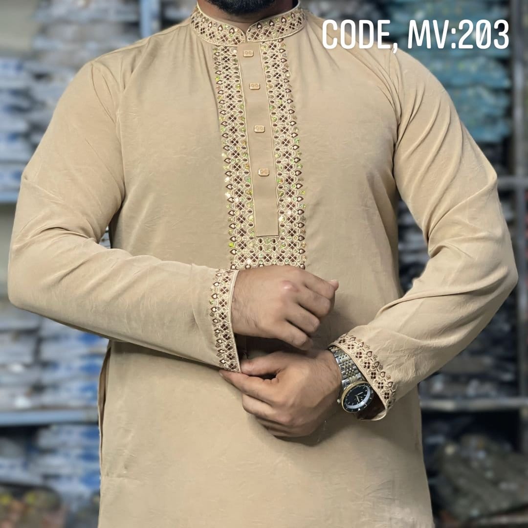 ( Code: MV-203 ) - প্রিমিয়াম সিকোয়েন্স এমব্রয়ডারি করা ভাঁজমুক্ত পাঞ্জাবি