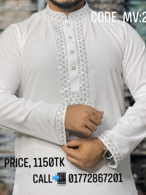 ( Code: MV-205 ) - প্রিমিয়াম সিকোয়েন্স এমব্রয়ডারি করা ভাঁজমুক্ত পাঞ্জাবি