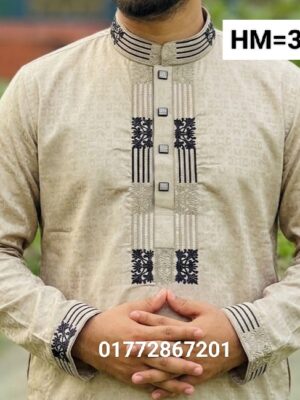 Premium Designer Sequence Embroidery Cotton Panjabi [ CODE:HM-34 ]
